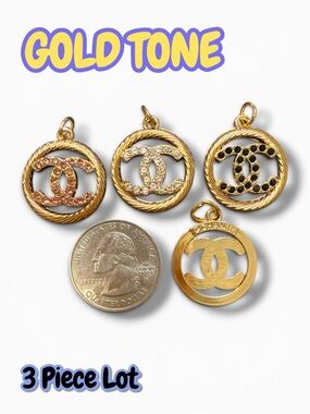 Lot Of 3 Round Gold Tone Zipper Pull Button Charms 22mm